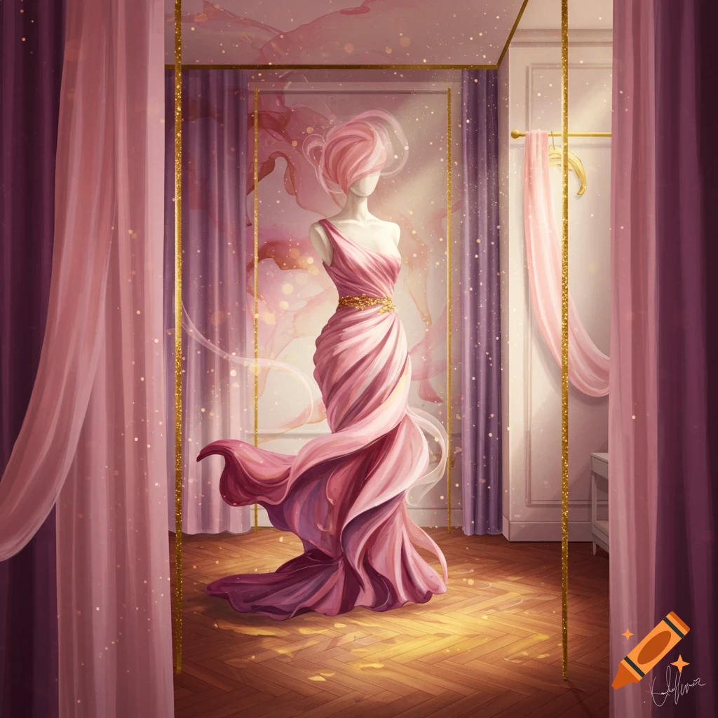 A pink gown on a mannequin in a dreamy, pink-hued fitting room with gold accents and glittering light.