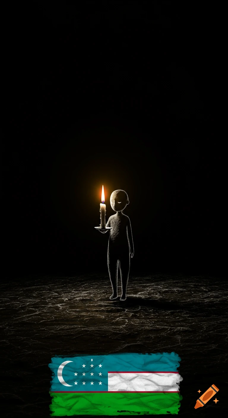 A minimalist pencil sketch of a figure holding a glowing candle in a vast darkness, with an Uzbek flag at the bottom.