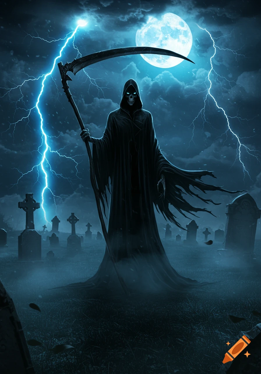 A dark Grim Reaper holds a scythe in a foggy graveyard under a stormy night sky with a full moon and blue lightning.