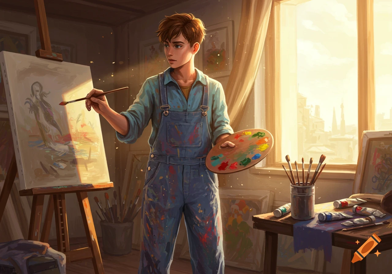 A young artist in paint-splattered overalls holds a brush and palette, painting on an easel in a sunlit studio.