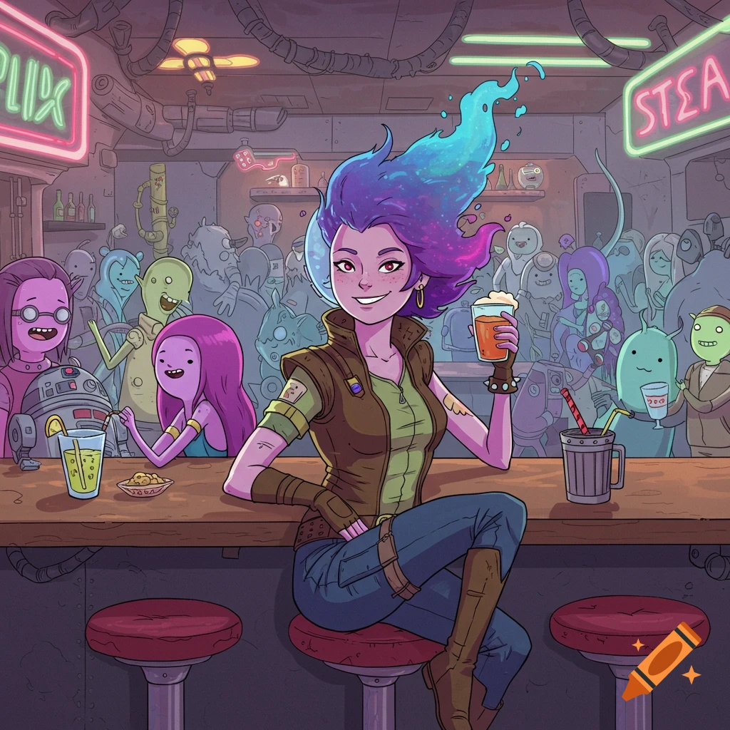 A smiling female space rogue with blue and purple flame-like hair sits at a bar with a drink in a bustling cartoon sci-fi cantina.