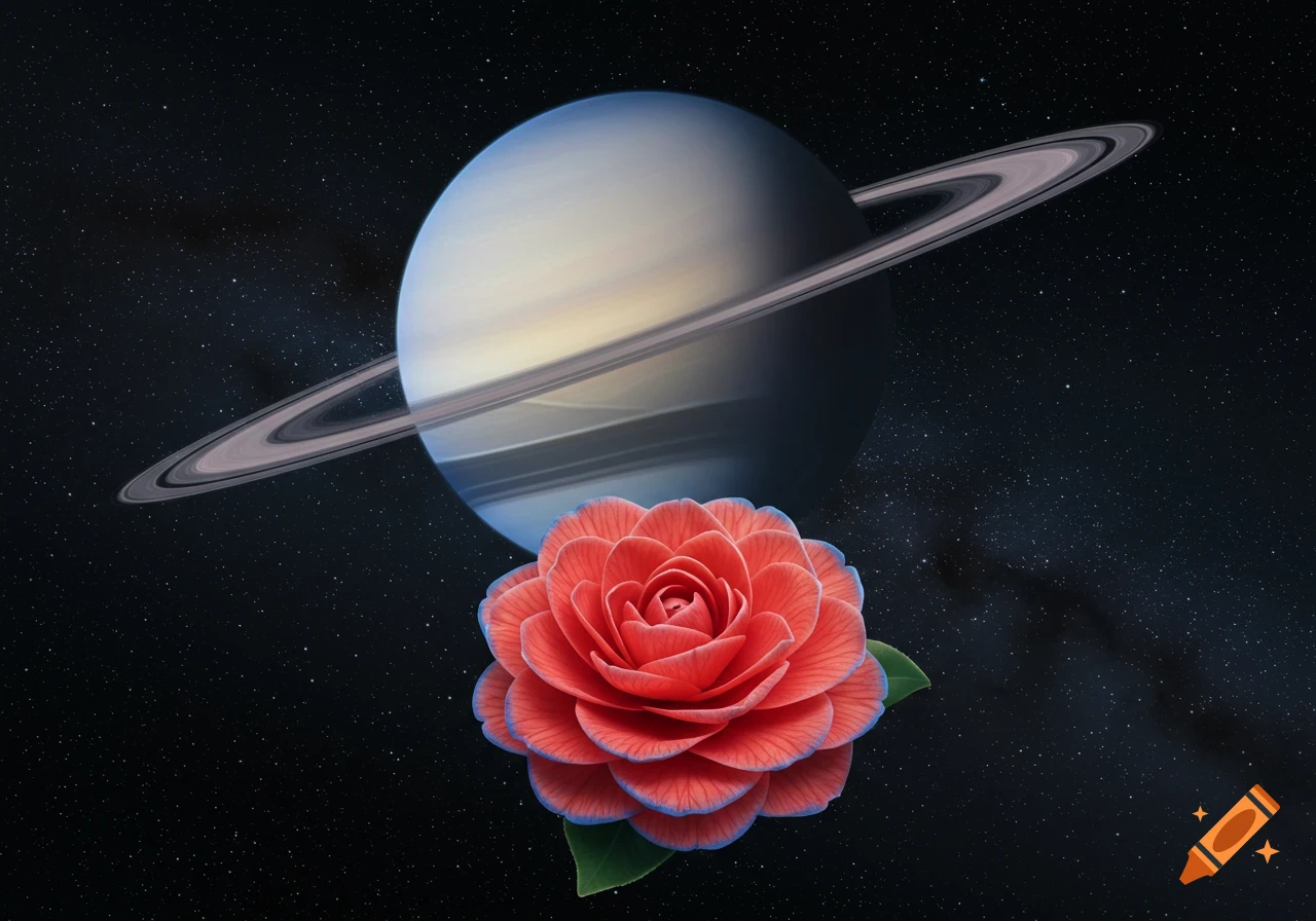 The planet Saturn with its rings, set against a star-filled deep space background, with a vibrant red camellia flower with blue-edged petals in the foreground.