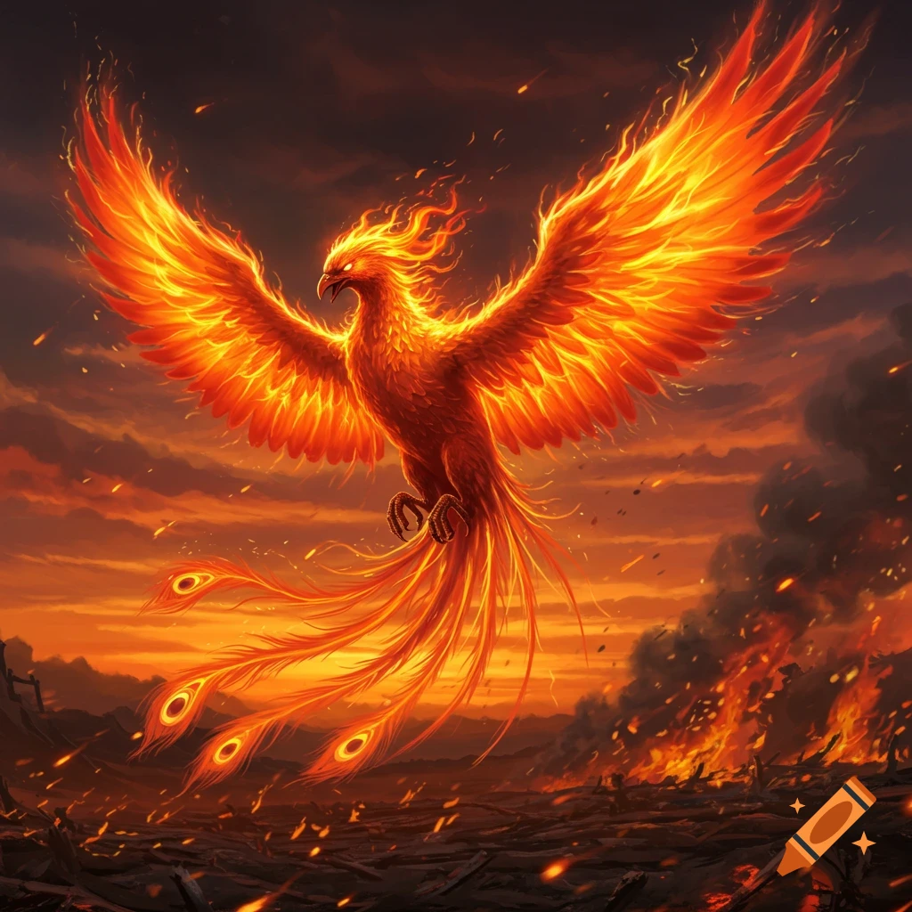 A vibrant, fiery phoenix with spread wings flies over a burning, desolate landscape under a dramatic, smoke-filled sky.