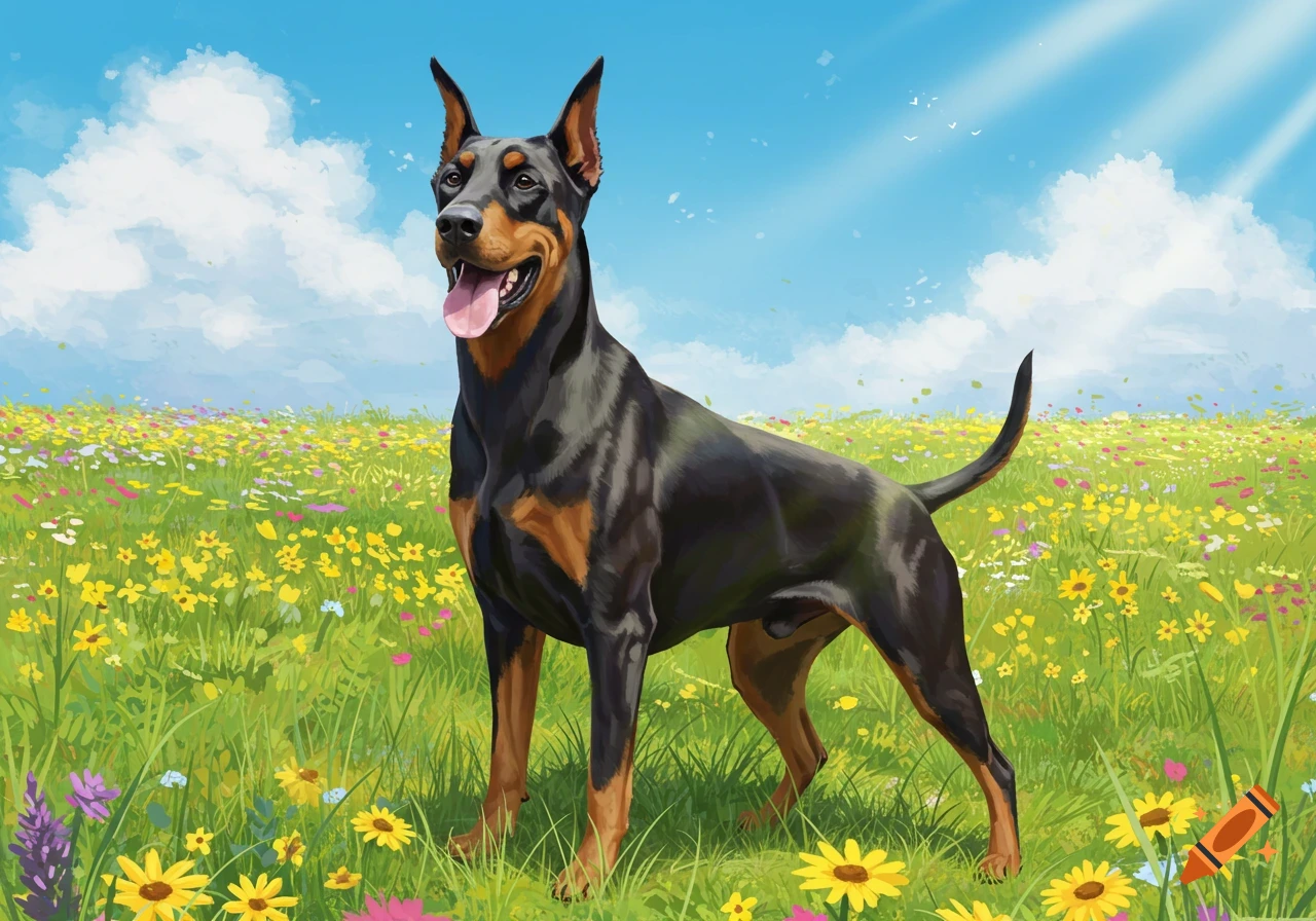 A black and tan Doberman dog stands in a vibrant field of yellow, pink, and purple wildflowers under a bright blue sky with white clouds.