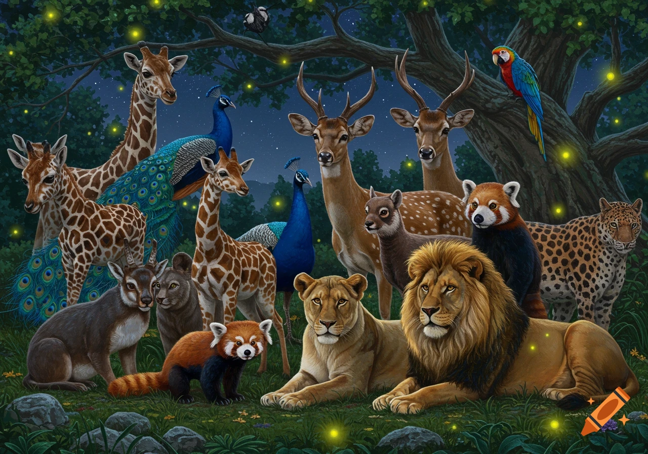 A group of diverse wild animals including giraffes, lions, deer, and peacocks gathered in a magical, glowing forest illustration.