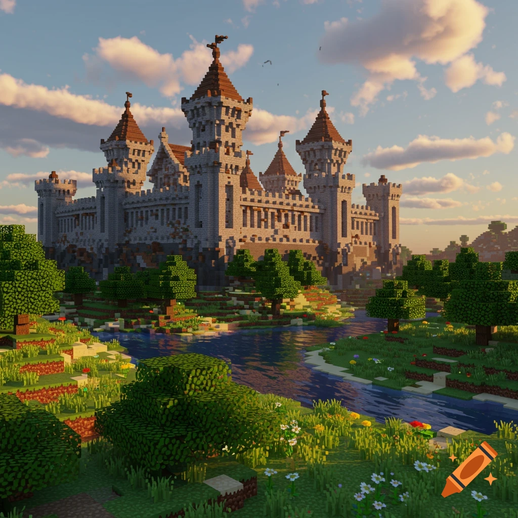 A detailed Minecraft-style castle with towers, red roofs, a river, and green landscape under a cloudy sky.