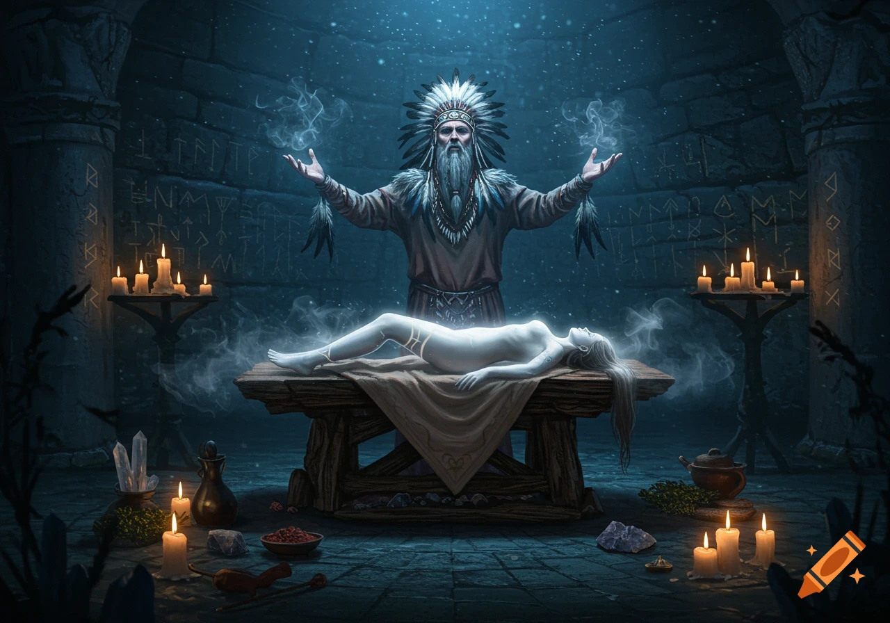 A shaman performs a glowing ritual over a supine nude woman on an altar in a torchlit dungeon.
