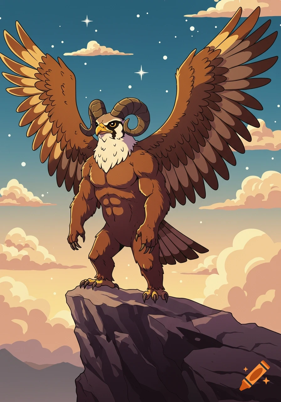 A muscular, cartoon eagle-ram creature with large wings stands on a rocky mountain peak at sunset under a starry sky.
