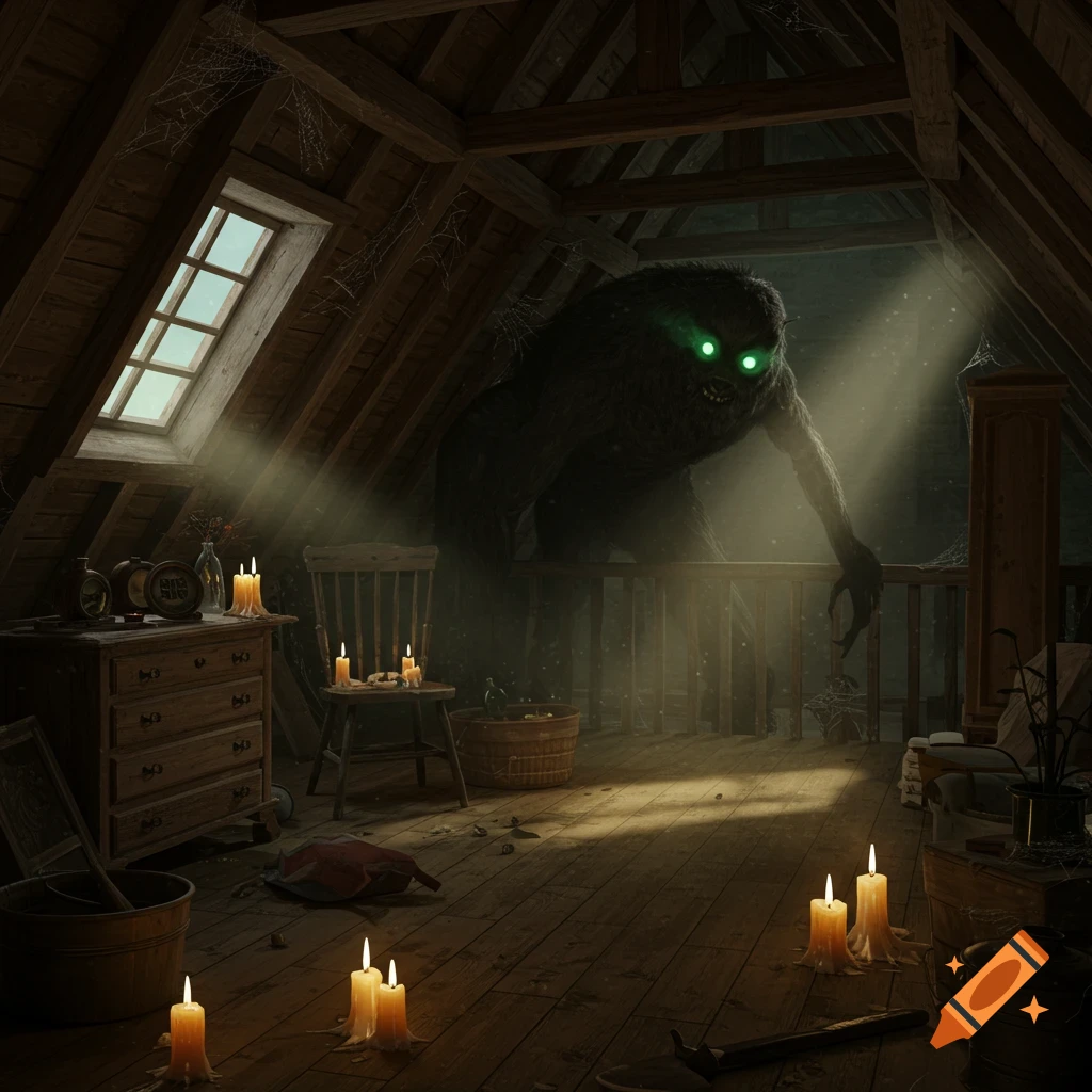 A large, furry monster with glowing green eyes looms in a dark, dusty attic, illuminated by light rays and candles.
