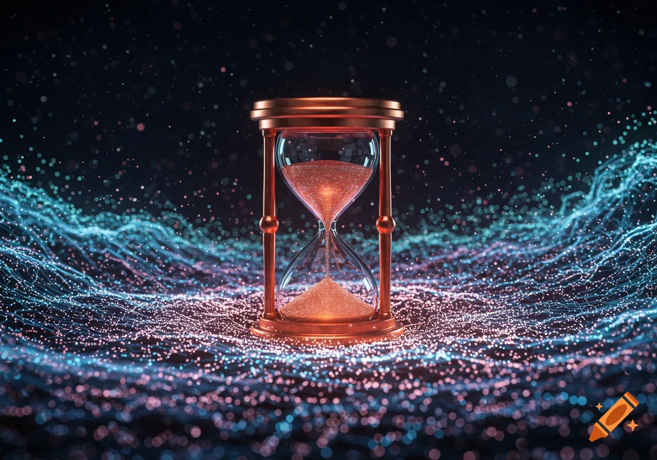 A glowing hourglass with sparkling sand on a dark background with blue and pink digital light particles forming waves.