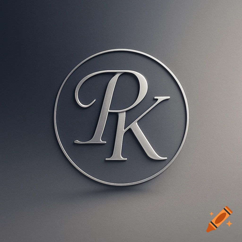 Silver metallic monogram logo of 'PK' in a circular outline, embossed on a dark gray background.