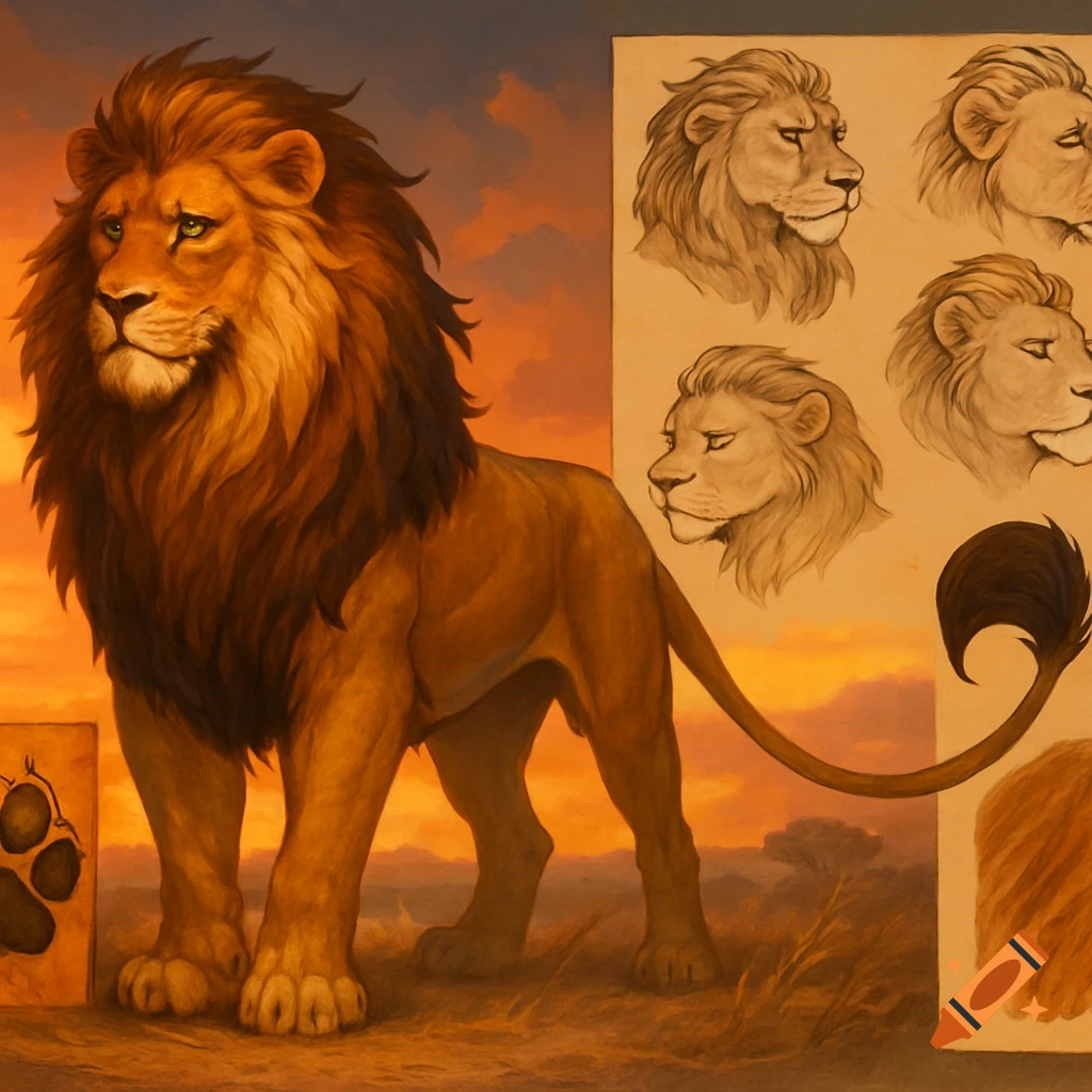 Illustrated lion standing in a sunset savanna, alongside a reference sheet with lion head sketches and a paw print.