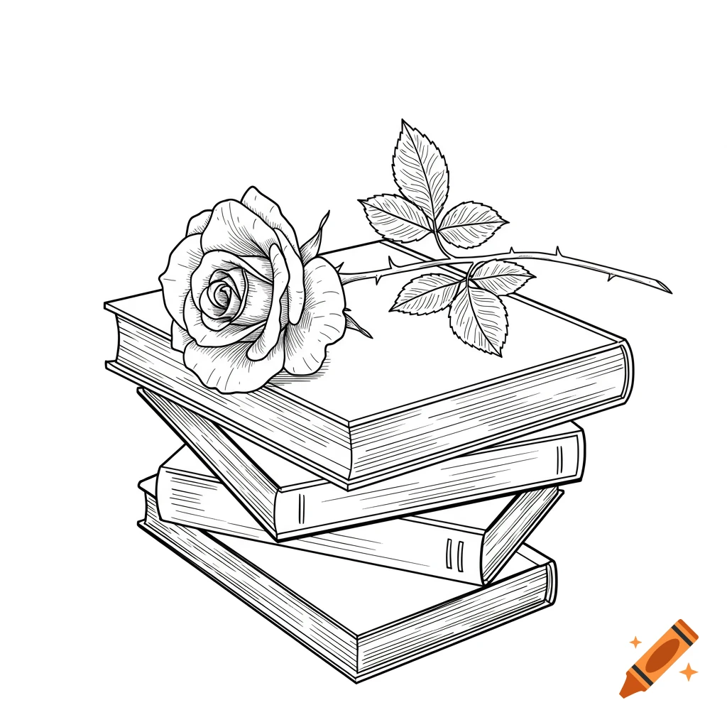 Black and white line art drawing of a single rose resting on a stack of four books.