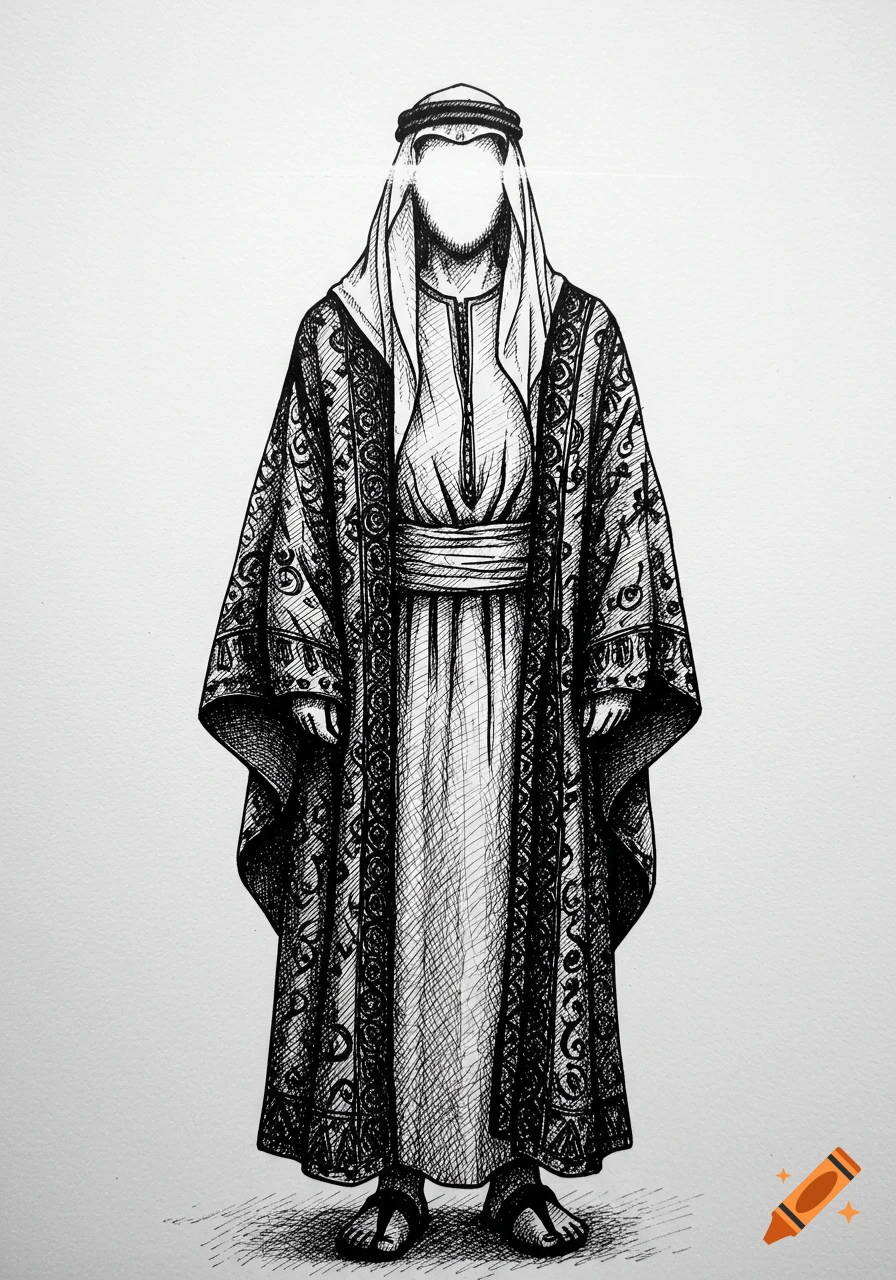 Black pen drawing of a man in traditional Arab attire, featuring a featureless, luminous face, standing straight.