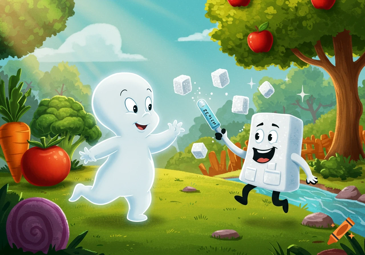 Casper the Friendly Ghost and a grinning sugar cube character interact in a vibrant cartoon landscape with fruits and a stream.