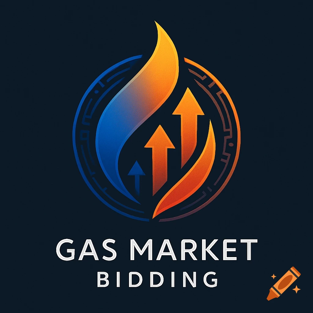 A blue and orange gradient logo with a stylized flame and three upward arrows, above 'GAS MARKET BIDDING' text.