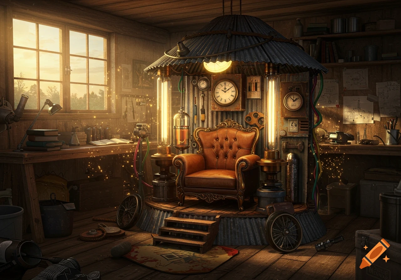 A cozy, cluttered steampunk workshop with a glowing, elaborate time machine contraption at its center, bathed in warm light.