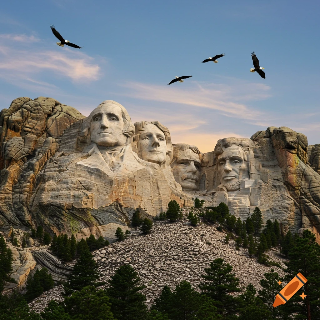 Photorealistic image of Mount Rushmore, featuring four presidential faces carved into the rock, with pine trees below and eagles flying in a blue sky.