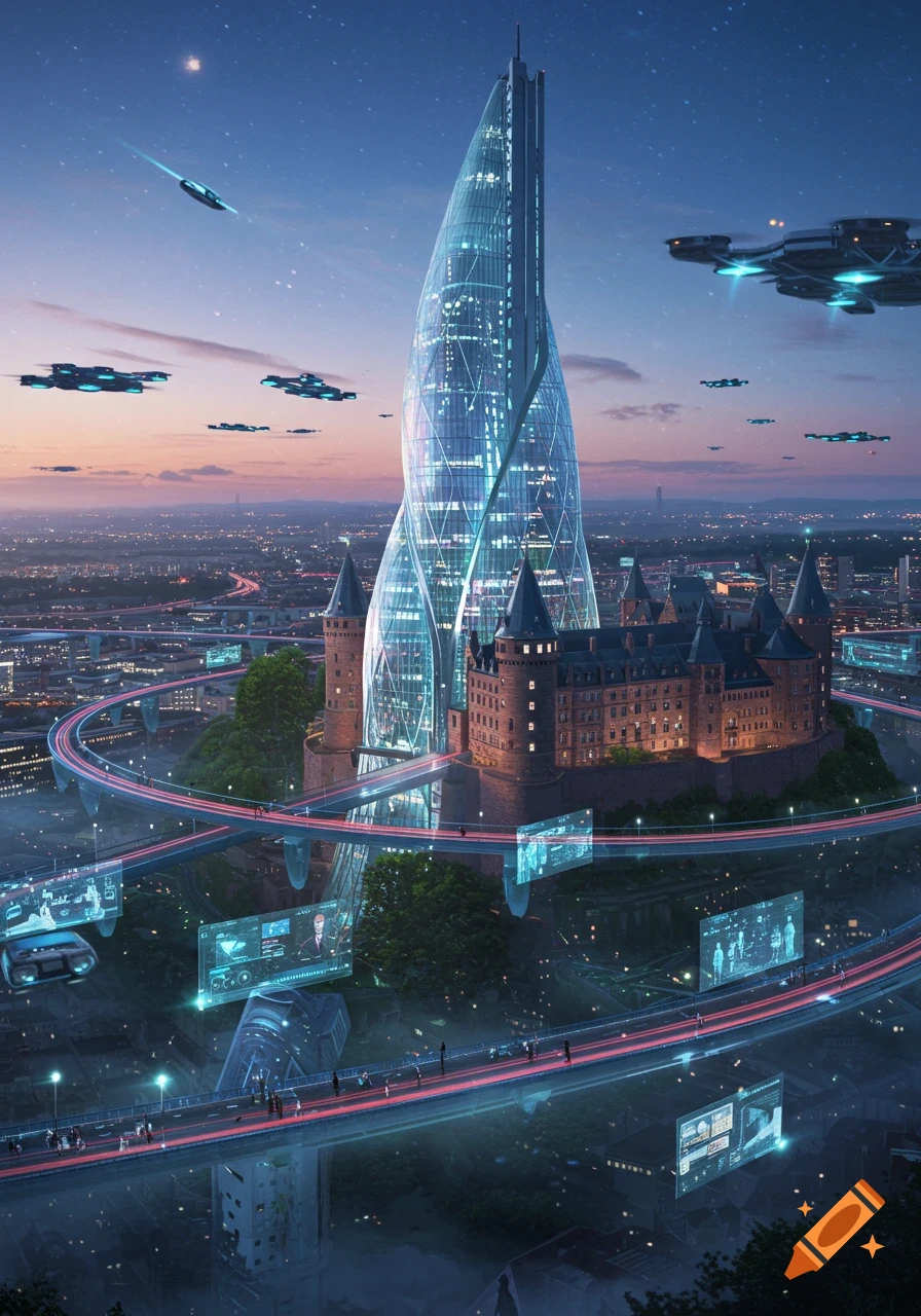 A futuristic city with a glowing twisted skyscraper next to an old castle, surrounded by elevated roads with light trails and flying vehicles in a twilight sky.