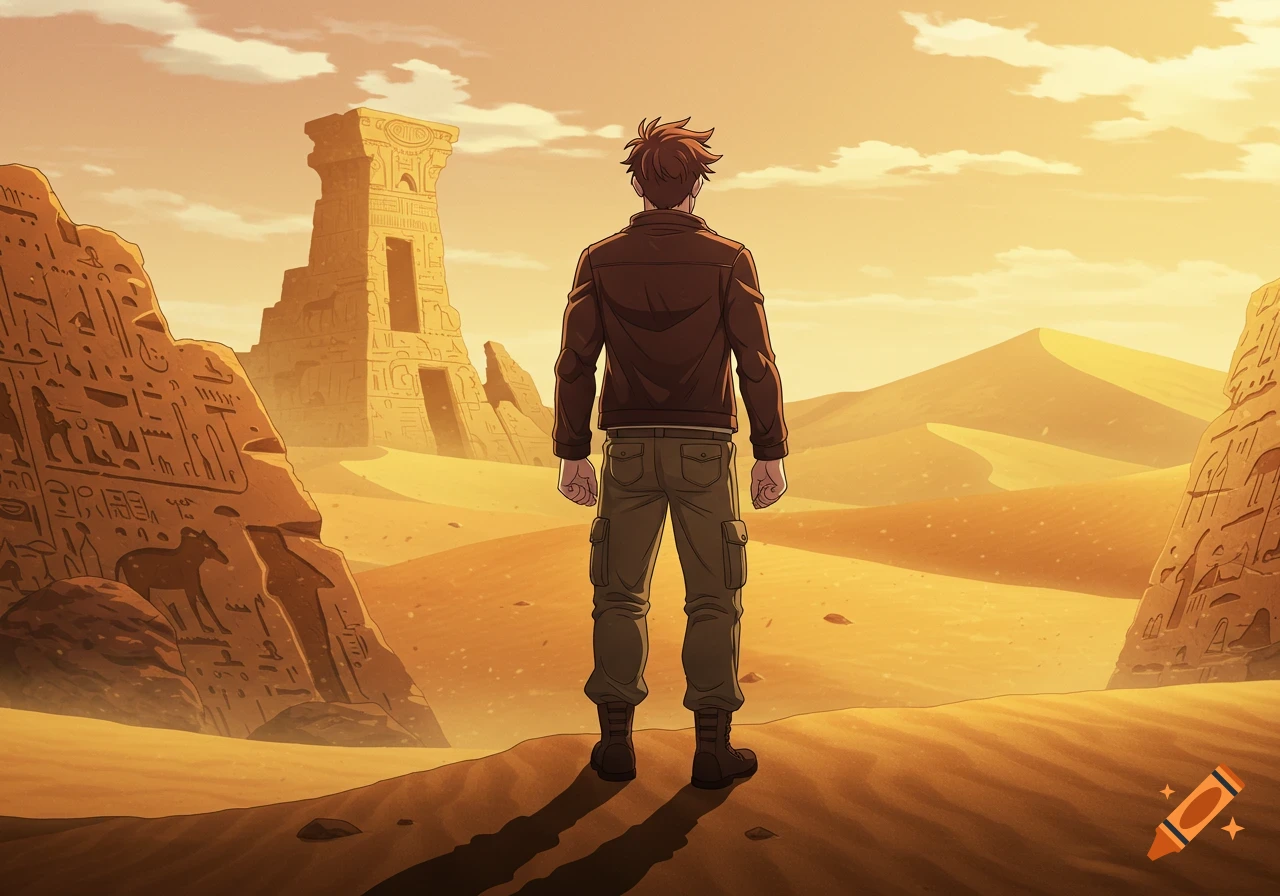 An anime male archeologist stands with his back to the viewer, facing ancient ruins in a vast golden desert under a cloudy sky.