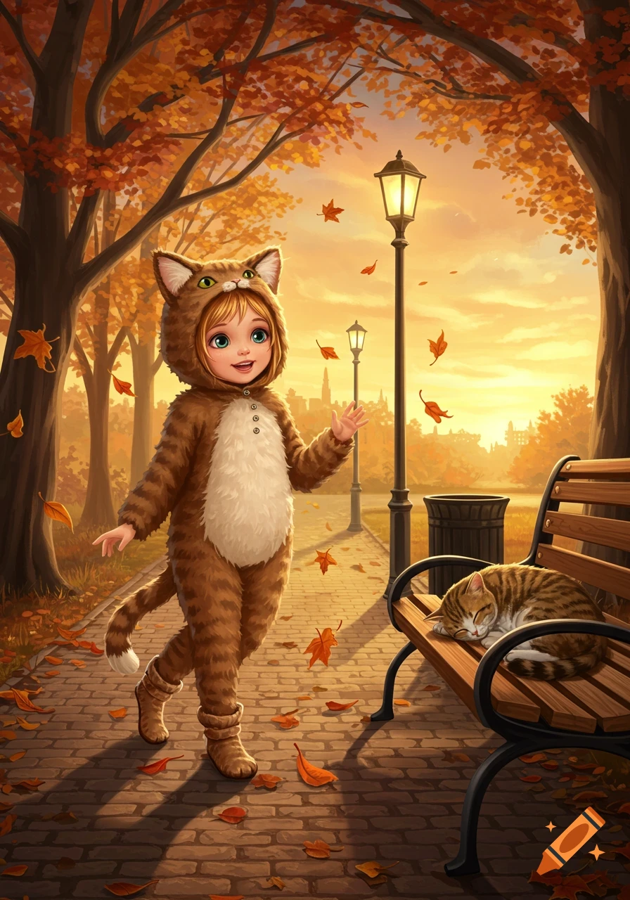 A cheerful girl in a tabby cat costume walks through a vibrant autumn park at sunset, past a sleeping tabby cat on a bench. Illustration.