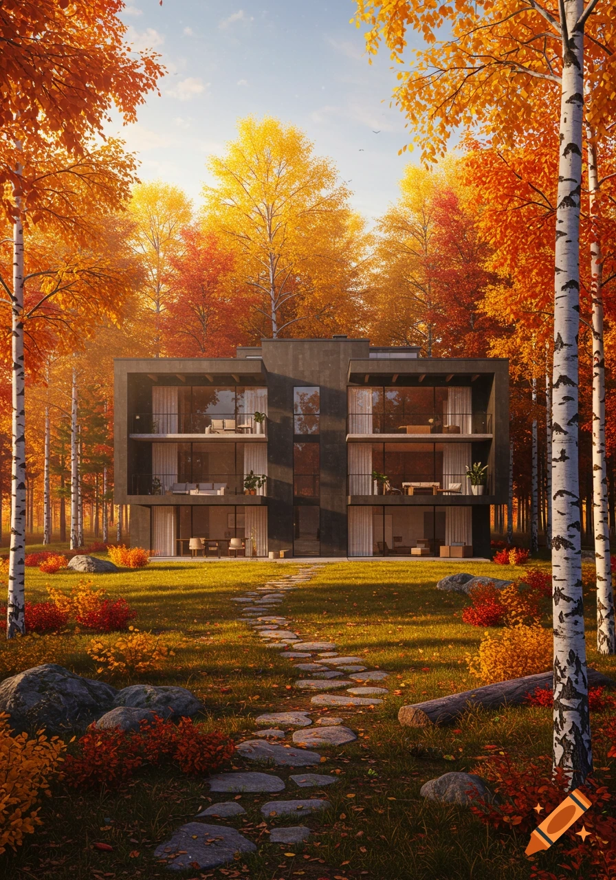 A modern, dark-colored condo house nestled in an autumn forest with bright orange and yellow trees, a grassy backyard, and a stone path.