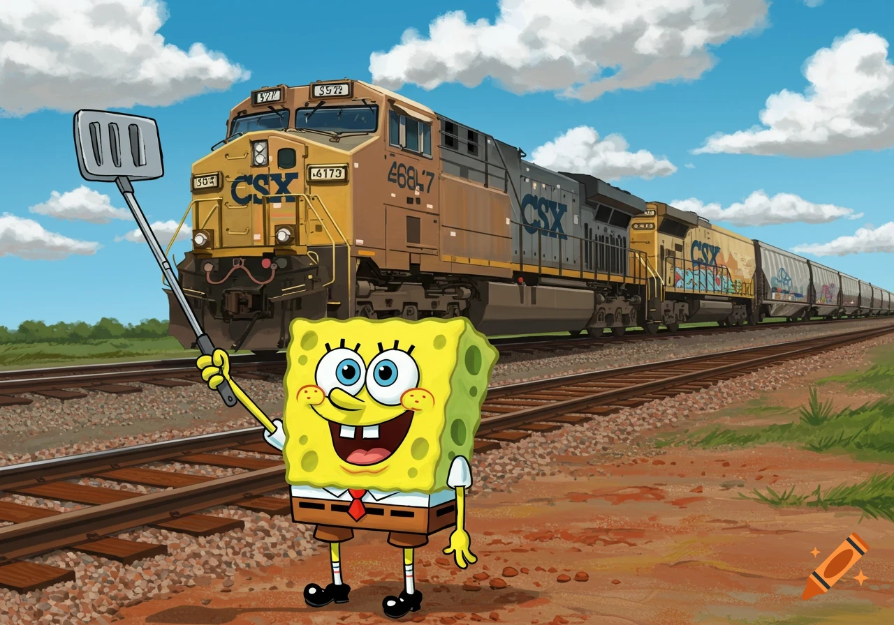 Spongebob Squarepants holds a spatula-selfie stick beside train tracks with a CSX freight train in a bright cartoon illustration.