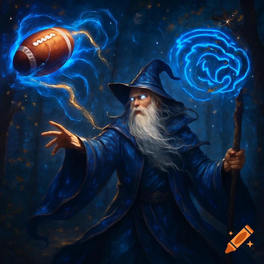 A powerful wizard in blue robes uses magic to throw an American football in a dark, starry forest, digital art.