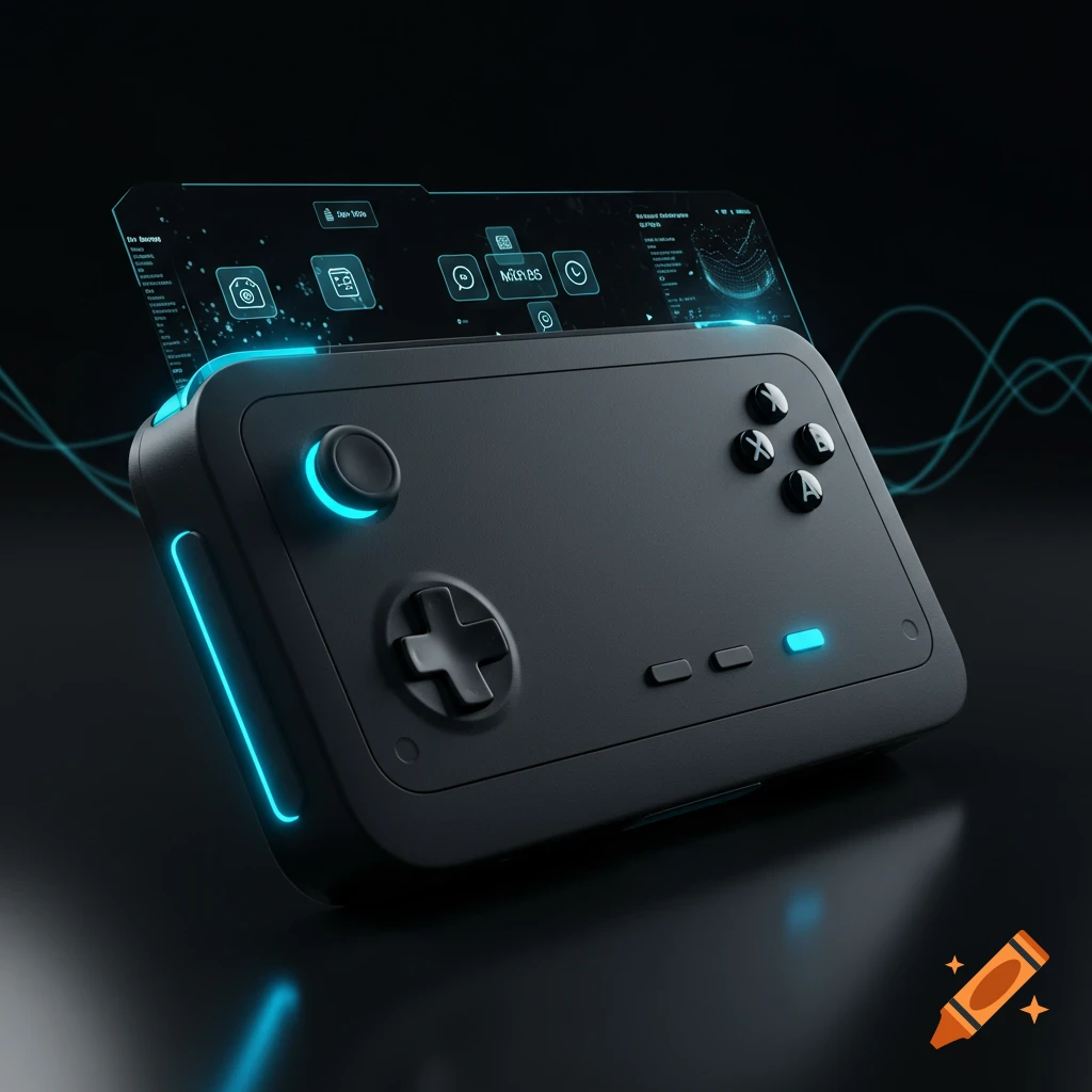 A sleek, dark gray futuristic handheld gaming console with glowing blue accents and a holographic display on a dark background.