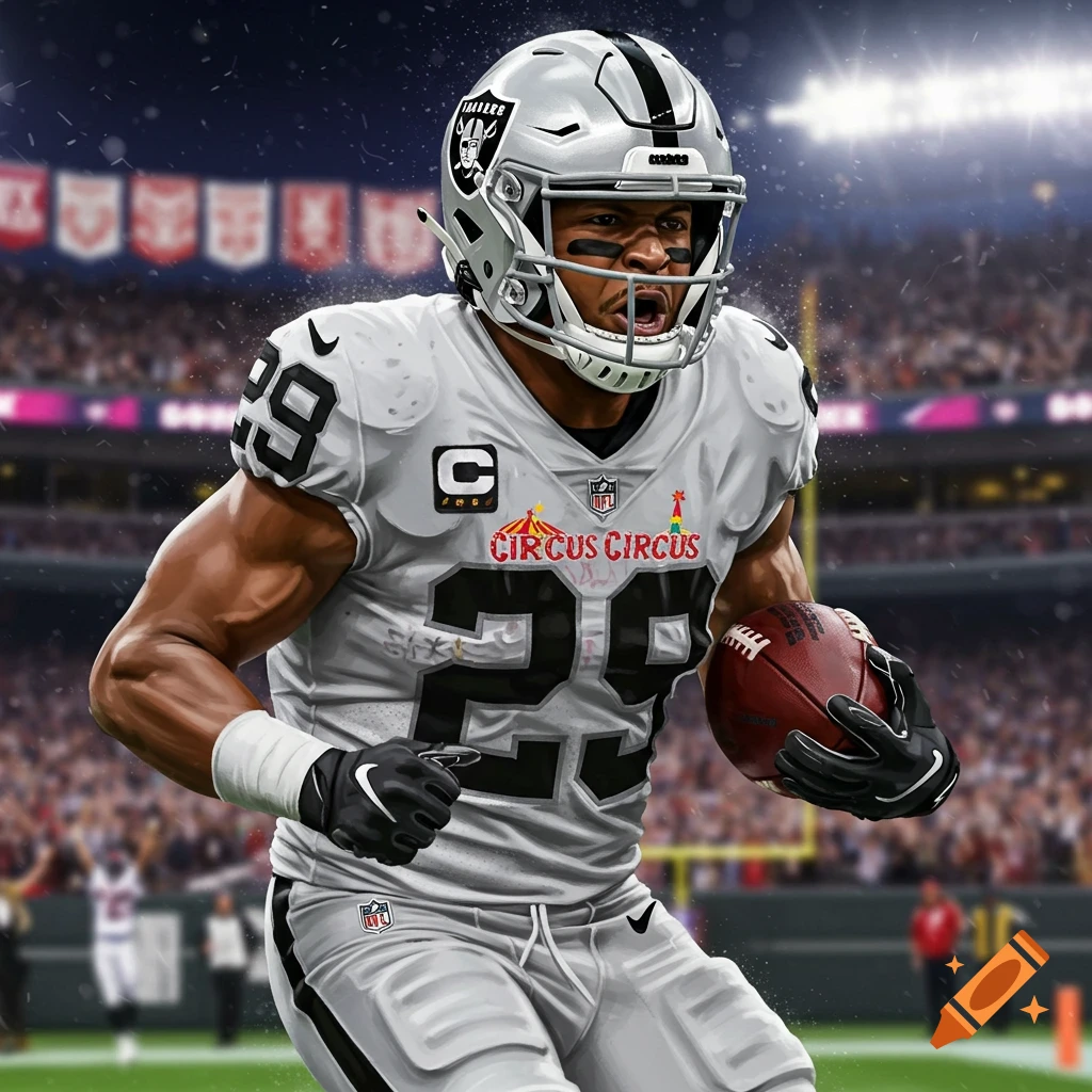 A detailed illustration of a Las Vegas Raiders football player wearing a 'Circus Circus' patch, running with a football on a stadium field.