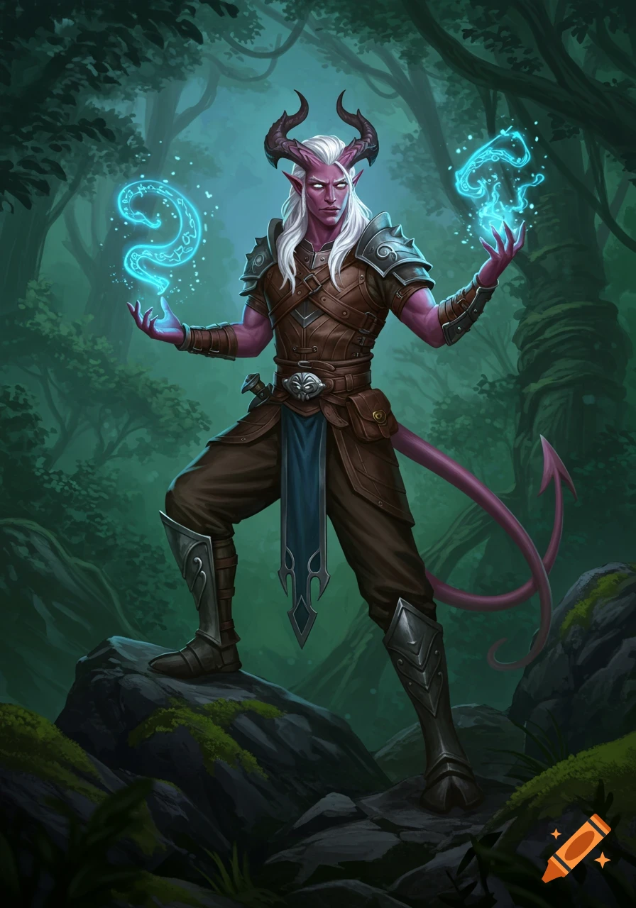 Purple-skinned tiefling sorcerer with white hair and horns casts glowing blue magic in a dark forest.