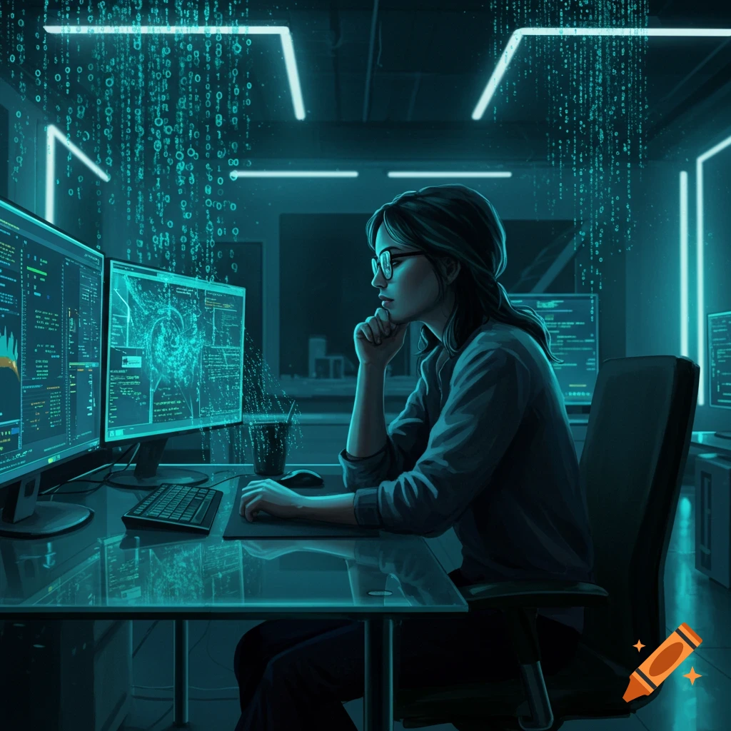A female computer scientist in glasses works intently at a desk with multiple glowing screens displaying code in a dark, neon-lit room with digital rain.