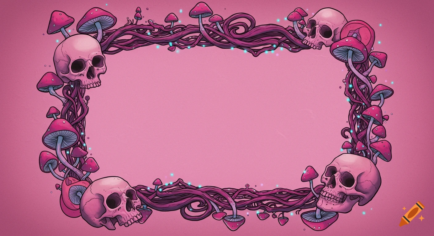 Stylized frame of intertwined pink vines, mushrooms, and skulls with subtle glowing specks on a solid pink background.