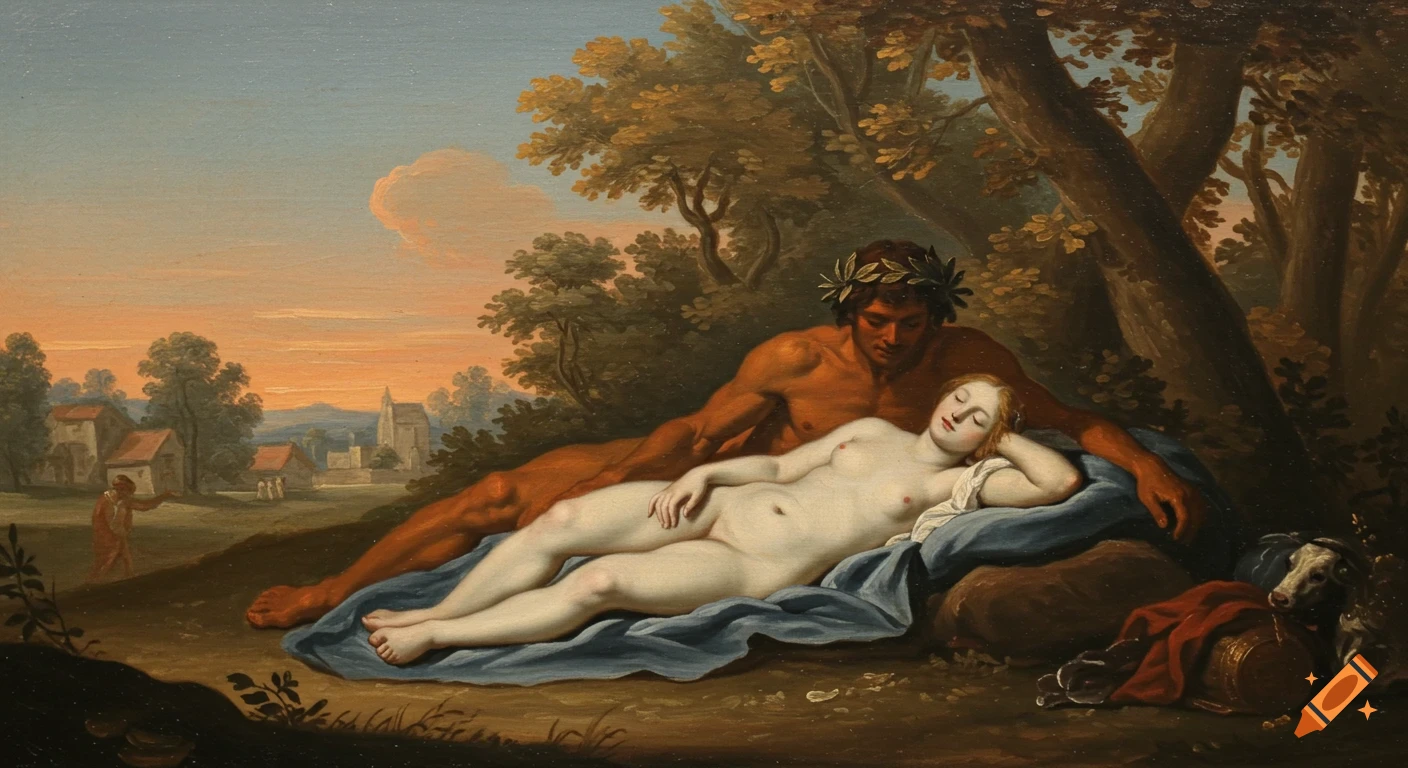 A classical painting of a nude man with a laurel wreath leaning over a sleeping nude woman in a pastoral landscape.