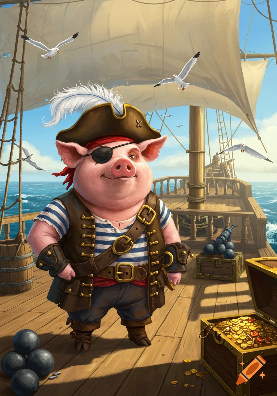 A jovial cartoon pig dressed as a pirate, wearing an eyepatch and tricorne hat, stands on a wooden ship deck with a treasure chest.