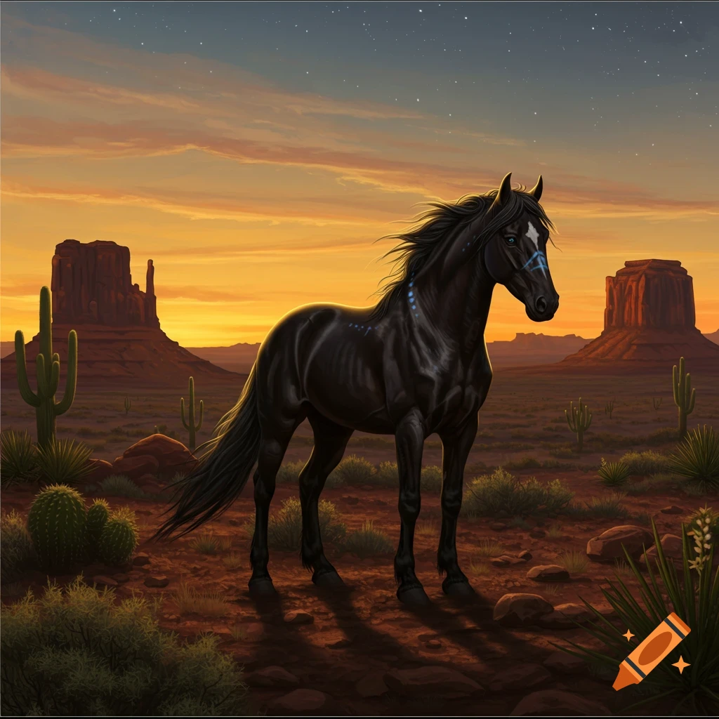 A black horse with blue markings stands in a desert with cacti and mesas under a sunset sky.