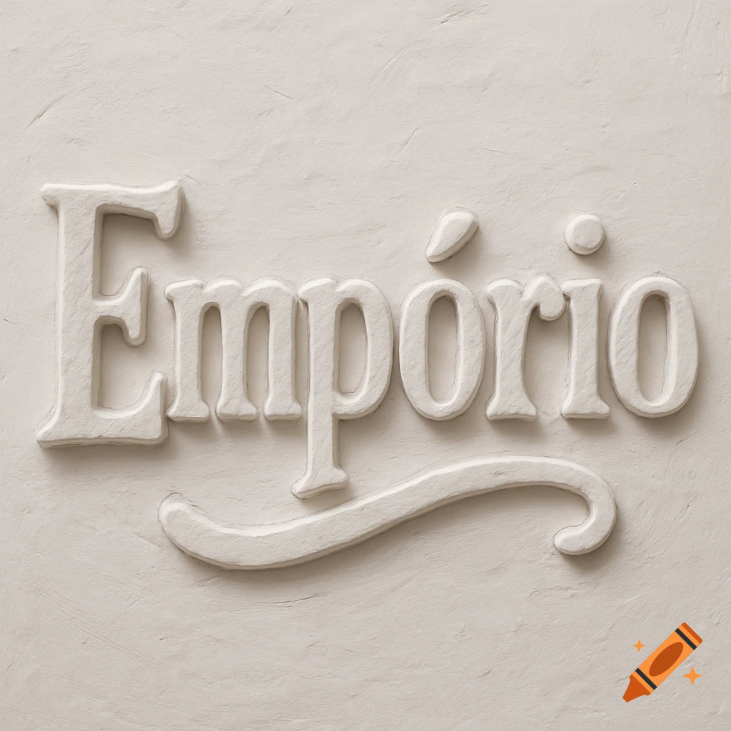 3D clay model of the word "Empório" embossed on a textured white surface, with soft shadows and highlights.