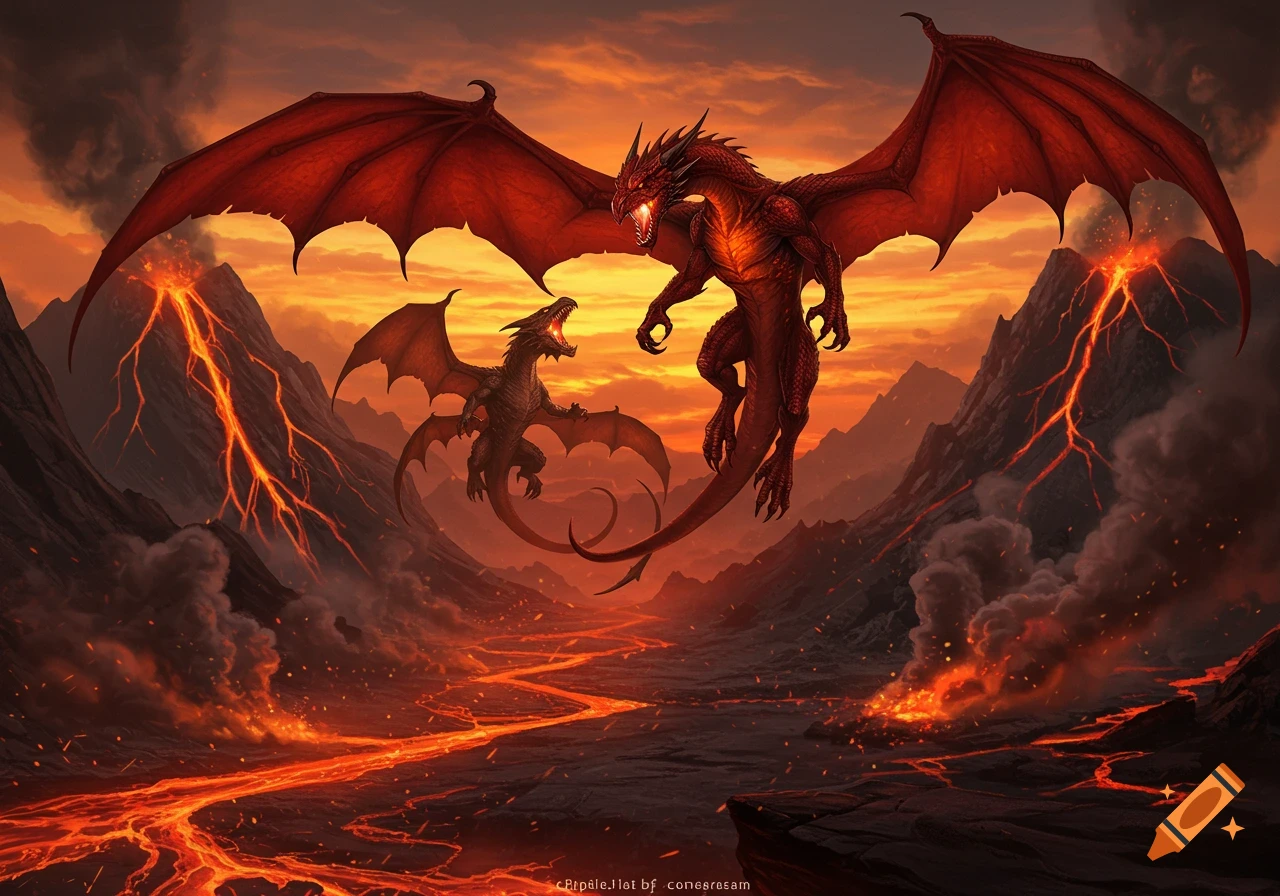 Two red dragons fighting over a volcanic landscape with lava rivers and erupting volcanoes under an orange sunset sky, digital painting.