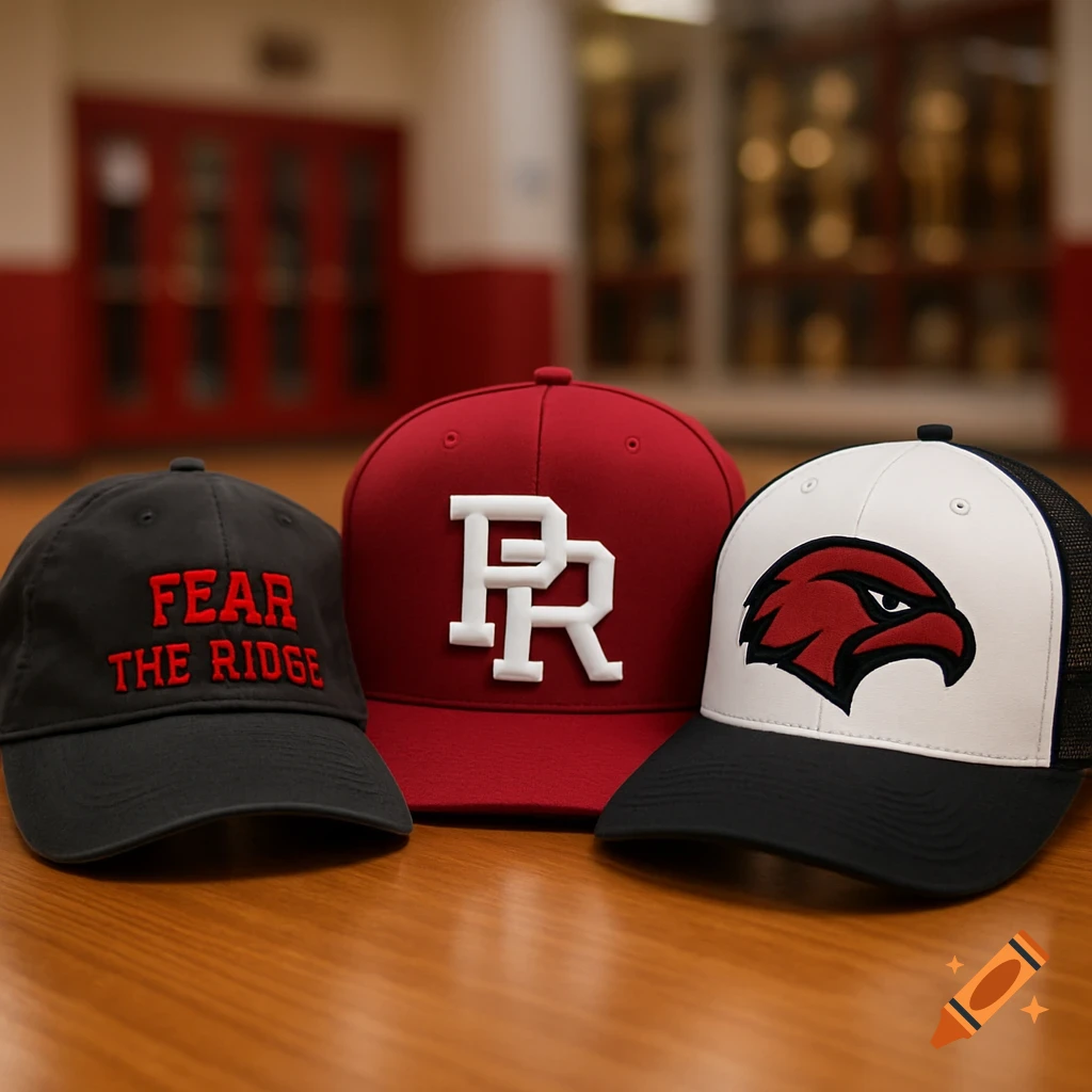 A photorealistic shot of three baseball caps: a black "FEAR THE RIDGE" dad cap, a red "PR" monogram flatbill cap, and a white and black trucker hat with a red hawk mascot.