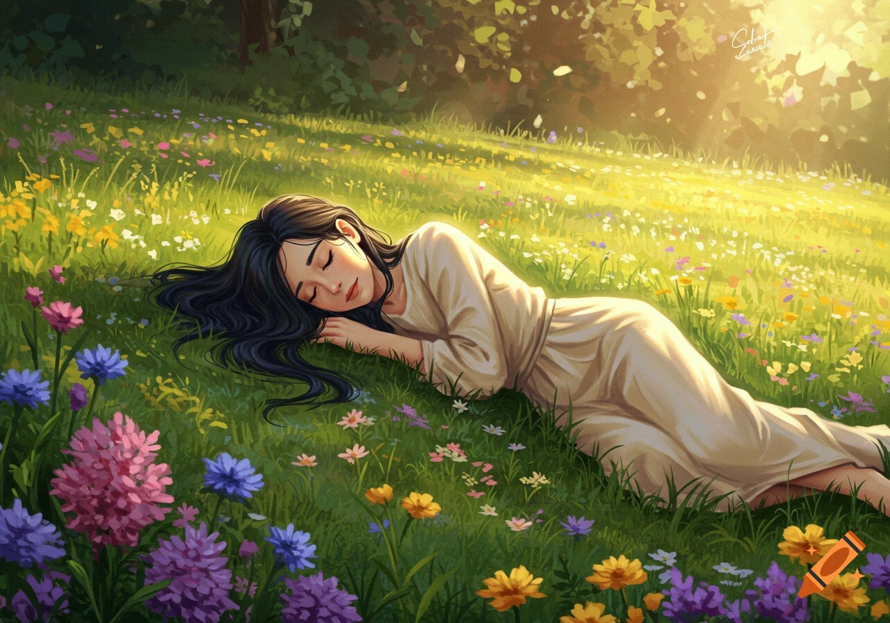 Illustrated painting of a young woman with dark hair sleeping peacefully in a sunlit field of colorful wildflowers.