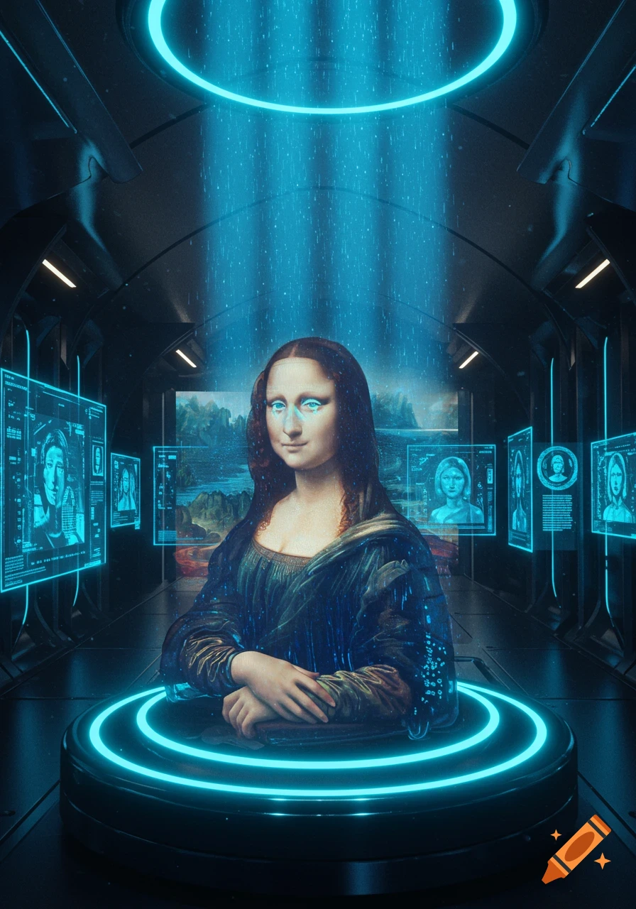 A futuristic digital art rendering of the Mona Lisa, glowing with blue neon lights in a dark chamber with holographic data screens.