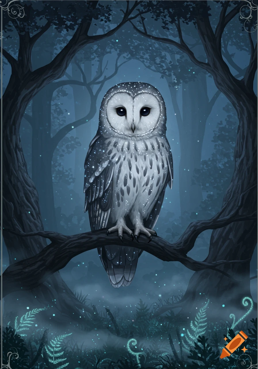 A stylized barn owl with sparkling feathers sits on a branch in a dark, misty forest with glowing plants and fireflies.