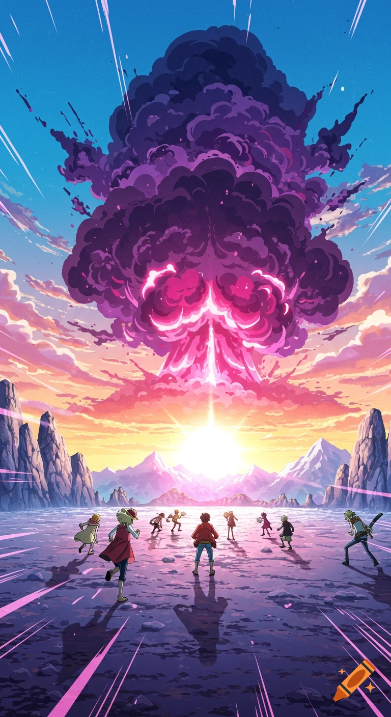 Anime characters run from a giant purple and pink mushroom cloud explosion at sunset, with mountains in the background.