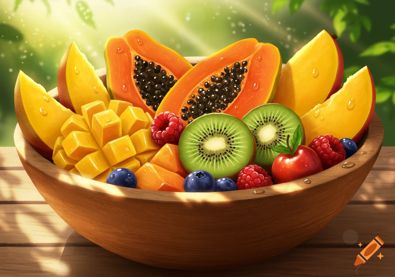 Vibrant illustration of a wooden bowl overflowing with sliced papayas, mangoes, kiwis, raspberries, blueberries, and a red apple, under sunlight.