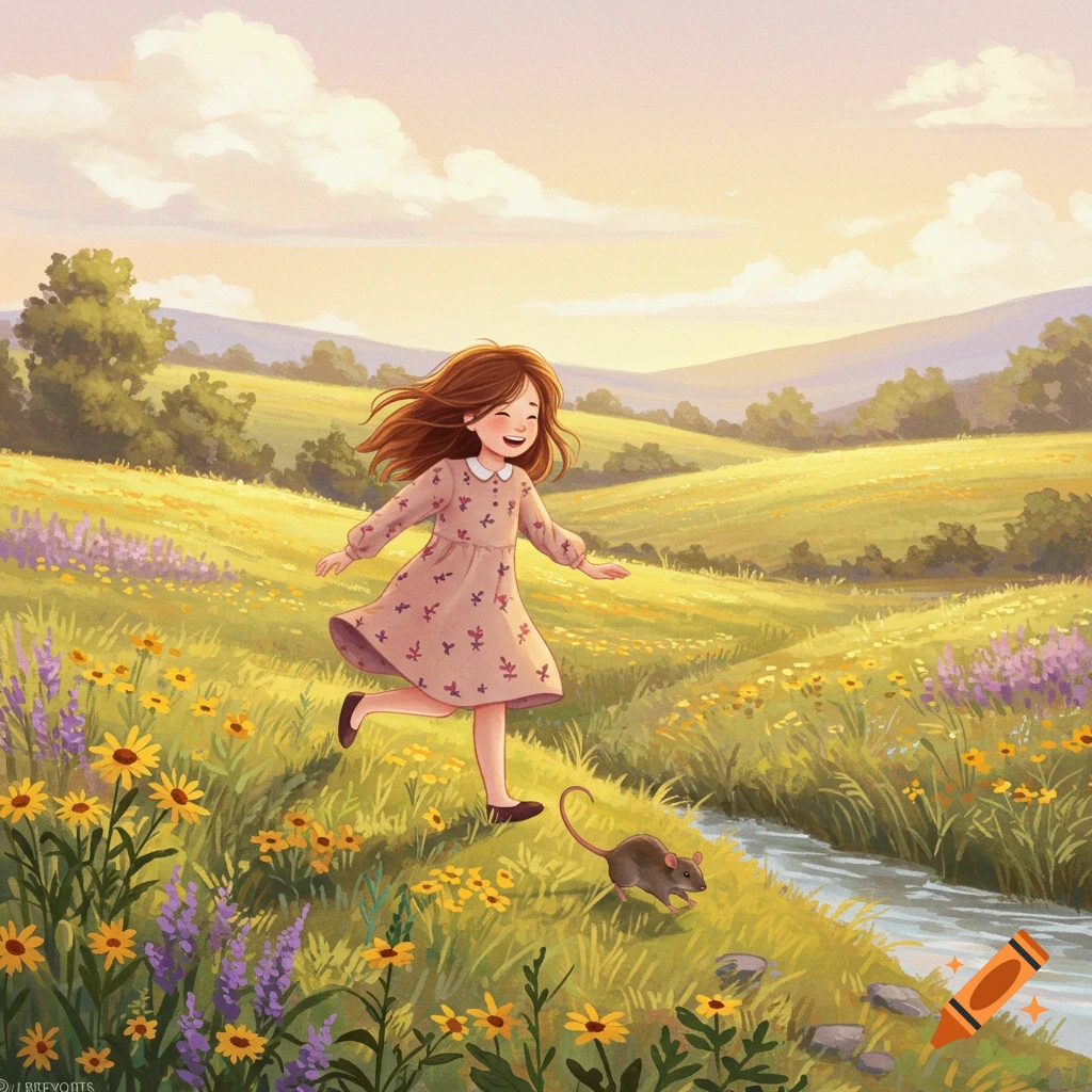 A happy animated girl with brown hair runs through a sunny, flower-filled meadow as a rat scurries beside a stream.