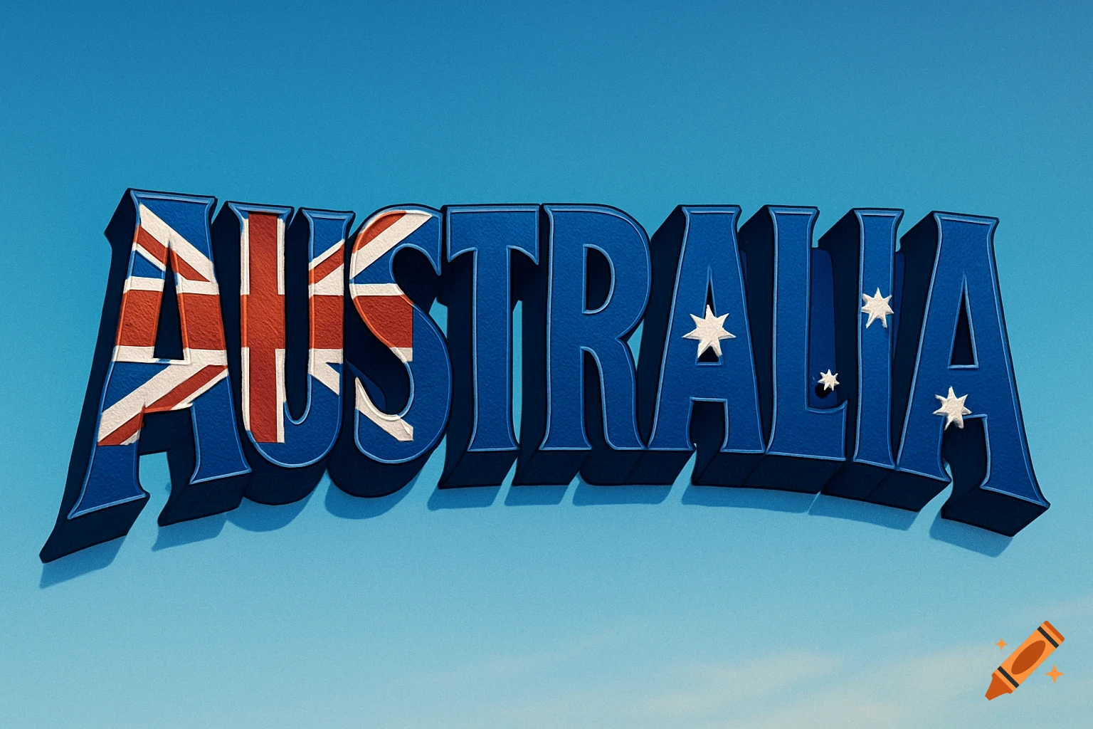 3D word 'AUSTRALIA' in bold blue font, with 'AUS' depicting the Union Jack and 'TRALIA' adorned with white stars.