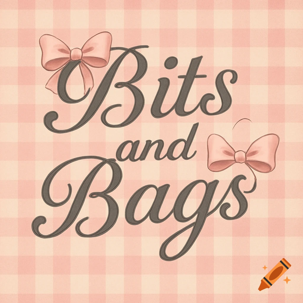 Text 'Bits and Bags' in a script font, adorned with two pink bows, on a light pink checkered background in an illustrative style.
