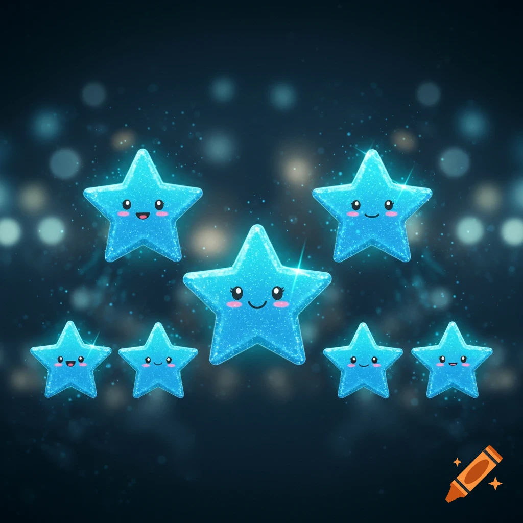 Seven cute, sparkling blue stars with happy faces against a dark, bokeh-filled background.