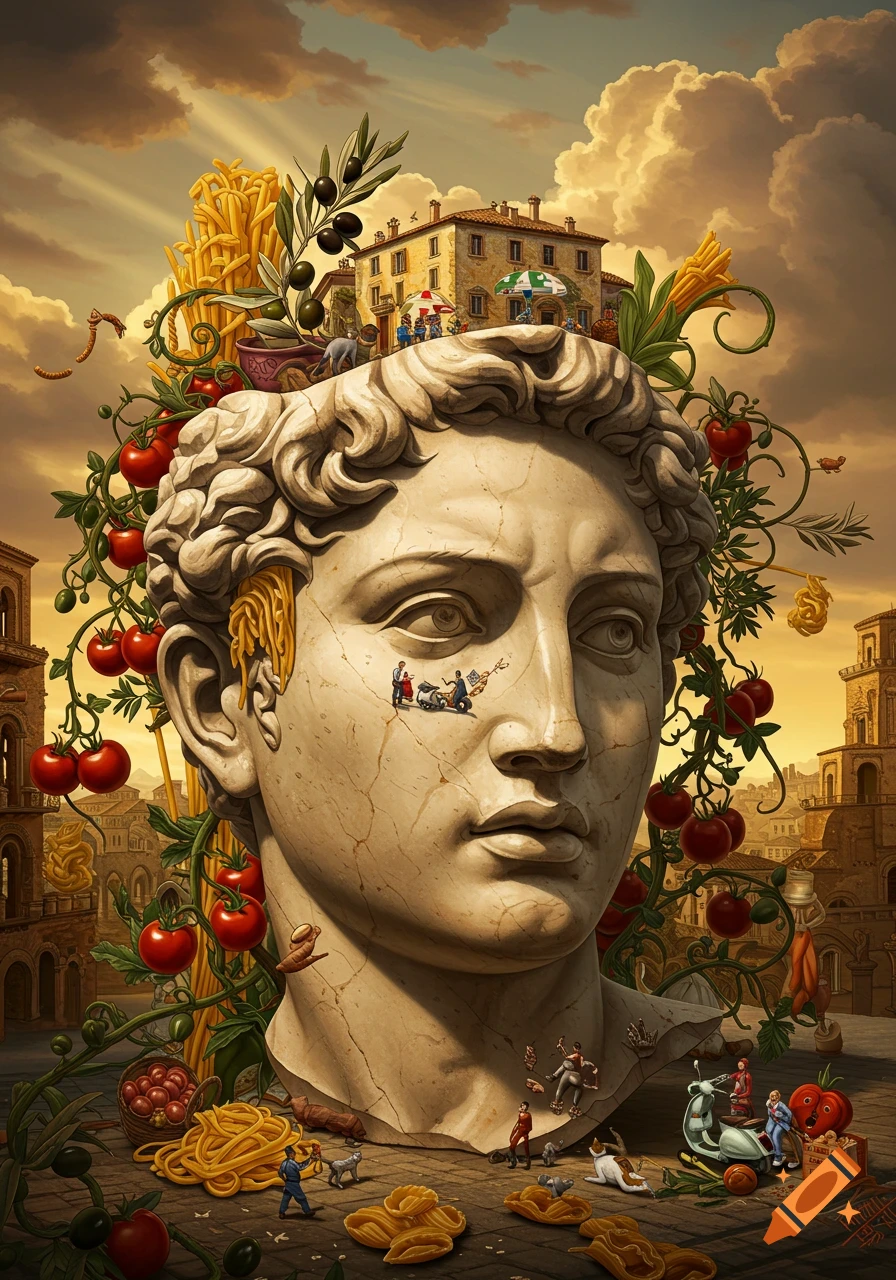 Surreal illustration of a classical marble bust adorned with Italian food, miniature people, and Italian architecture under a golden sky.