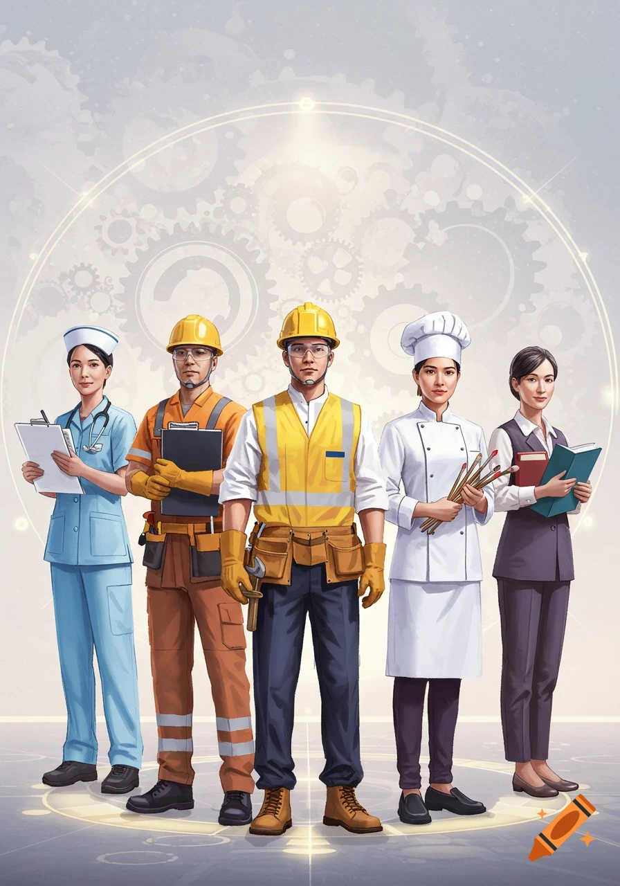 An illustration depicting a nurse, two construction workers, a chef, and a businessperson, representing diverse professions.